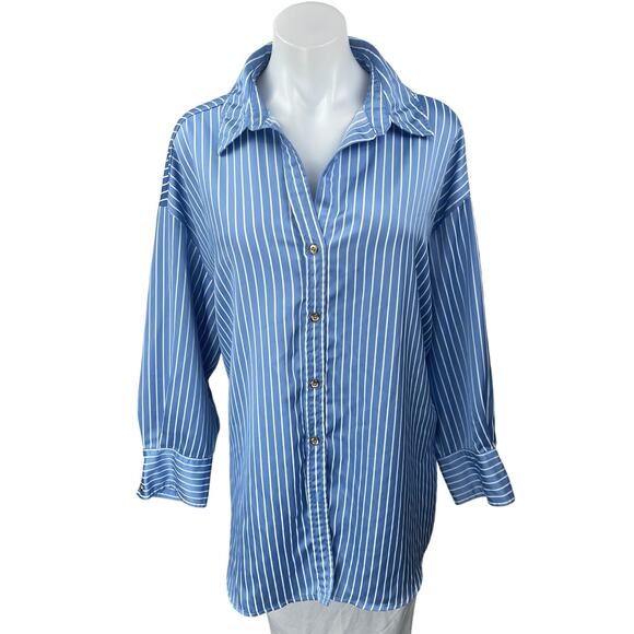 Zara Blue Silk Satin Striped Long Sleeve Collar Button Down Shirt Blouse Top M - Picture 1 of 5